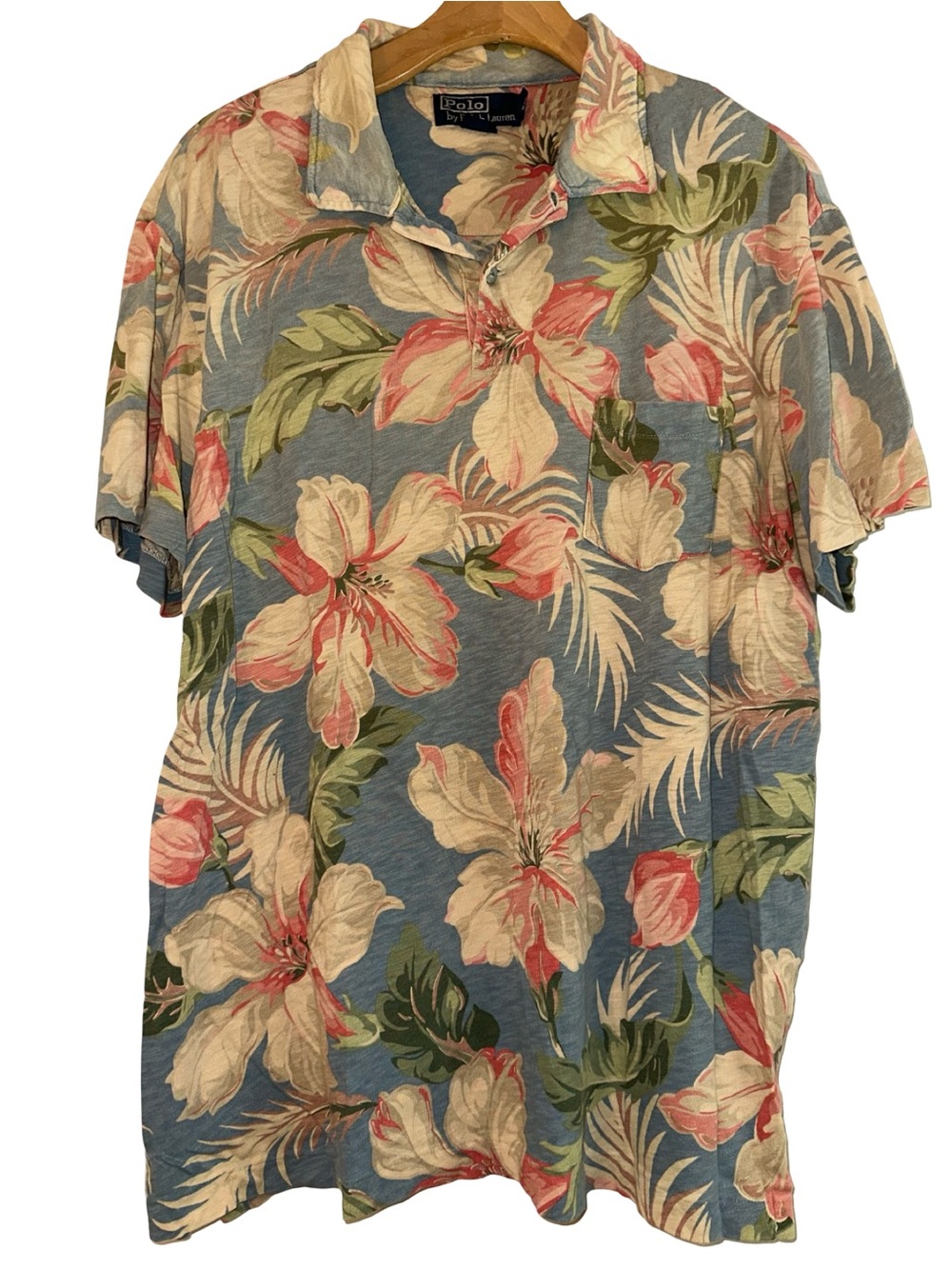 Polo Ralph Lauren Men’s Size L Blue Pink Hibiscus Floral Cotton Polo Shirt